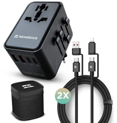 Produktbild von Remodius Weltstecker + 2x UniCharge – Universal Reiseadapter 220+ Länder mit zwei 4-in-1 Ladekabeln