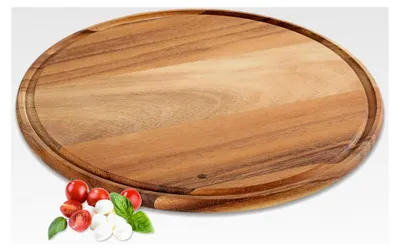 Produktbild von Pizzateller 33 cm Ø, Pizzaschaufel aus nachhaltig angebautem Akazienholz, rundes Holztablett mit Saftrille, Servierteller für Pizza oder Flammkuchen, Schneidebrett aus Holz