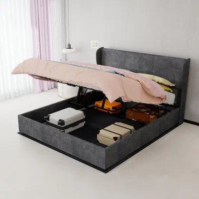 Imagen del producto de Cama tapizada Zerbaco, tamaño doble, 160x200 cm, con cajón de almacenamiento hidráulico, color gris, con somier, sin colchón