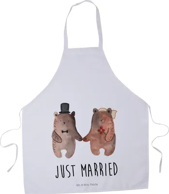Produktbild von Mr. & Mrs. Panda Schürze Bär Heirat - Weiß - Geschenk, Küchenzubehör, Küchenschürze, Kochschürze, Grillschürze, Grill, Teddy