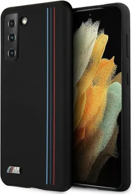 A black smartphone case with BMW M stripes is shown next to a smartphone displaying a colorful abstract image.