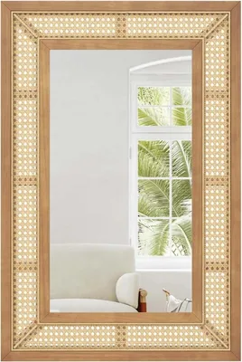 Immagine prodotto di Specchio da parete in rattan - Rettangolare - 90 x 60 cm - Cornice in legno con ganci - Montabile in orizzontale o in verticale - Giallo