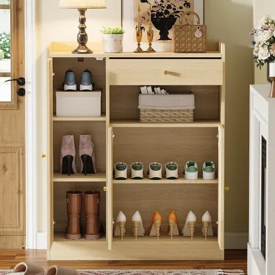 Produktbild von Rattan-Schuhschrank mit Stauraum, 90 x 35 x 110 cm, 1 Schublade und 3 Türen mit verstellbaren Regalen für Eingangsbereich, Esszimmer und Flur, Naturfarbe