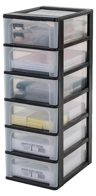 Produktbild von Iris Ohyama, Kunststoff Schubladenbox mit 6 flachen Schubladen, Schwarz, Easy-Pull-System, A4, A5 & A6 Format, Schreibtisch Organizer für Büro, Schrein, BPA-frei, Schubladenschrank, OCH-2006