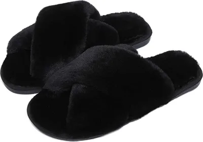 Produktbild von ASKSA Hausschuhe Damen Plüsch Schlappen mit Fell, Bequem Open Toe Winter Warme Pantoffeln, Schwarz, Größe: 36-37