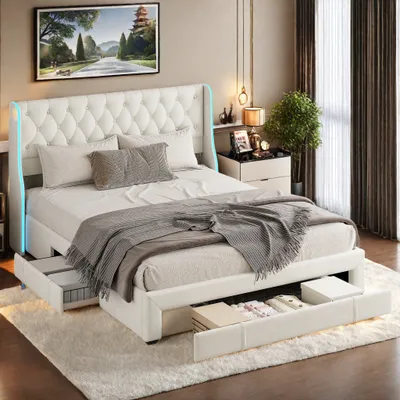 Produktbild von Polsterbett 160 x 200 mit LED-Beleuchtung, Kopfteil mit Stauraum, Doppelbett Bettgestell mit Lattenrost und Schubladen (Beige, 160 x 200 cm)