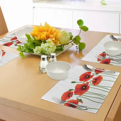 Produktbild von ABAKUHAUS Blumen Platzmatten, Mohnblumen der Frühlingszeit Pastoralen Blumen Botanik Bouquet Feld Natur Theme Art, Waschbare Stoff Esszimmer Küche Tischdekorations Digitaldruck, Grün Rot