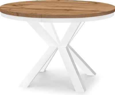 Produktbild von Runder Ausziehbarer Tisch für Esszimmer RAL mit Ring-Gestell, Loft-Stil, Industriel, Durchmesser: 90 / 190 cm, Farbe: Eiche Wotan / Weiß