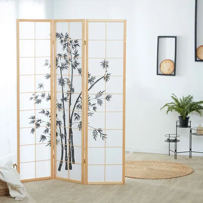 Obrázek produktu pro Homestyle4u Paraván rozdělovač místností 3-dílný dřevo příroda rýžový papír bílý motiv bambus výška 179 cm