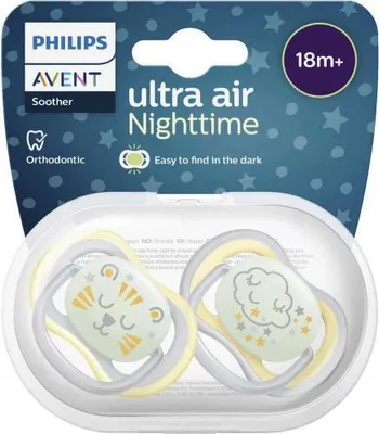 Produktbild von Philips Avent Ultra Air Nighttime Glow in the Dark Schnuller - Über 18 Monate - 2 Schnuller - Gelb/Grau Wolke/Tiger - SCF376/01