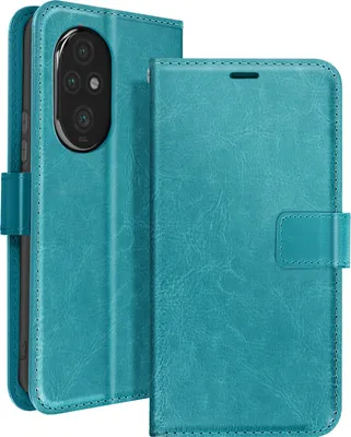 A turquoise blue wallet case for a smartphone is shown, with the phone inserted in one half and the cover closed on the other half.