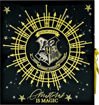 A Harry Potter themed advent calendar with the Hogwarts crest and a golden sunburst design.