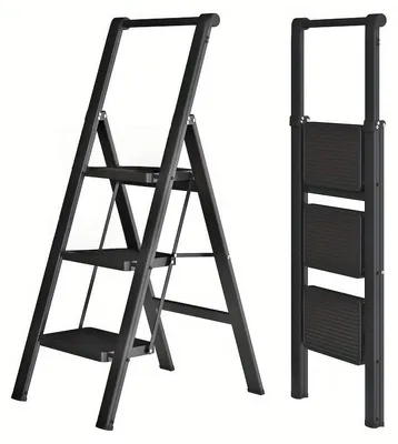 Image de Escalier pliant à 3 marches, avec rampe, antidérapant, portable, stable, idéal pour la maison ou le bureau