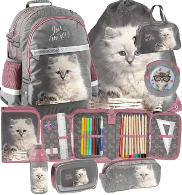 Produktbild von 8tlg KATZE Schulranzen Rucksack Ranzen schulruckack Kätzchen Federtasche Sportbeutel Trinkflasche Brotdose Sporttasche Plüsch-Täschchen fur madchen