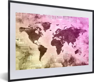Produktbild von MuchoWow® MuchoWow® Gerahmtes Poster Weltkarte - Gelb - Lila 60x40 cm - Poster mit zchwarzem Bilderrahmen - Schlafzimmer - Plakat in Rahmen - Drucken