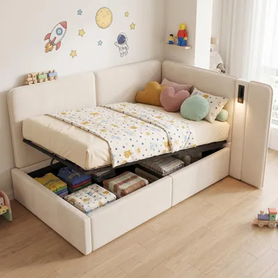 Produktbild von Polsterbett 90x200 cm mit hydraulischem Stauraum & Lattenrost, Tagesbett aus Samt in Beige, Schlafsofa mit USB Typ-C & Leselampe, hochwertig & platzsparend