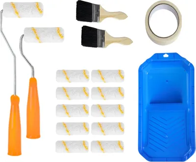 Produktbild von 16-teiliges Farbroller Set, tropffrei, mit Pinsel, Farbwanne, Abdeckband, fuer Wände und Dekoration