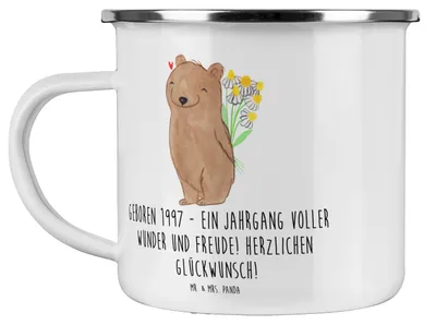 Produktbild von Mr. & Mrs. Panda Teebecher 1997 Geburtstag - Weiß - Geschenk, Herzlichen Glückwunsch, Geboren, Geburtstagsgeschenk, Kaffeepott, Teetasse, Emaille Becher, reisetasse