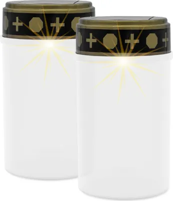 Produktbild von LED Solar Grablicht mit Flacker Effekt 2er Set - weiß - Künstliche Grabkerze warm weiß mit Erdspieß - Gedenkkerze Trauerkerze Grablaterne Friedhofskerze Grab Dekoration solarbetrieben wetterfest