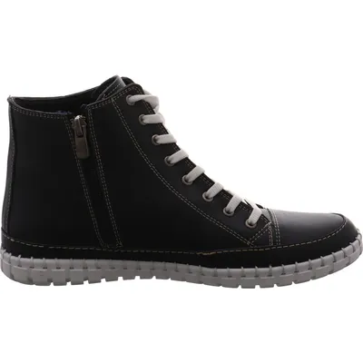 A side view of a black high-top sneaker boot.