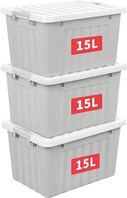 Produktbild von Famanu Aufbewahrungsboxen 15L mit Deckel - 3er Set, stapelbar, grau