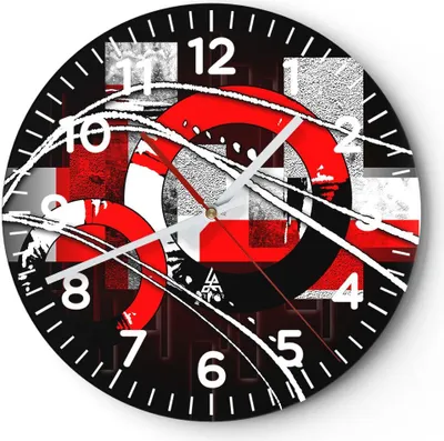 Produktbild von Wanduhr - Rund - Glasuhr - Grafische komposition geometrisch zahlen - 30x30cm - Schleichendes Uhrwerk - Lautlos - zum Aufhängen bereit - Dekoration Modern - Wanddekoration aus Glas - C4AR30x30-0587
