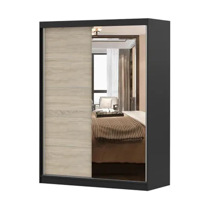 Obrázek produktu pro Šatní skříň s posuvnými dveřmi 150 cm černá/sonoma se zrcadlem - Vista 05