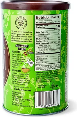 The back of a green cylindrical container of David Rio Tortoise Green Tea Chai.