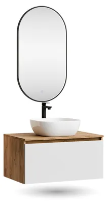 Produktbild von ARISA Badmöbel Set in Weiß – Mit "Glora" LED Spiegel und weißem Keramik-Aufsatzwaschbecken 42 cm