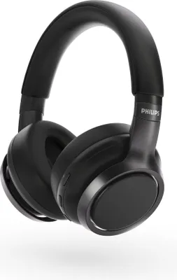 A studio shot of a pair of black Philips over-ear headphones against a white background.
