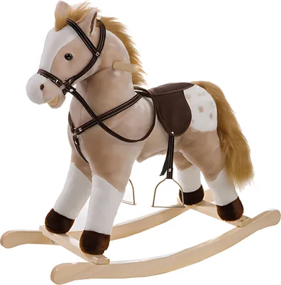 A plush rocking horse with a saddle and bridle, set on a wooden rocking base.