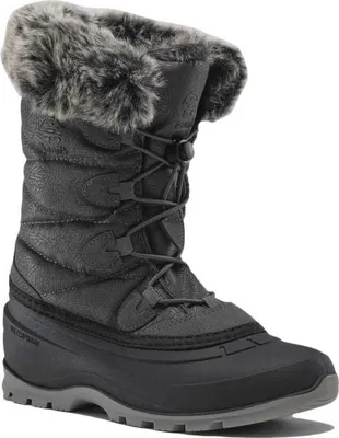 A single black winter boot with grey fur trim is shown against a white background.