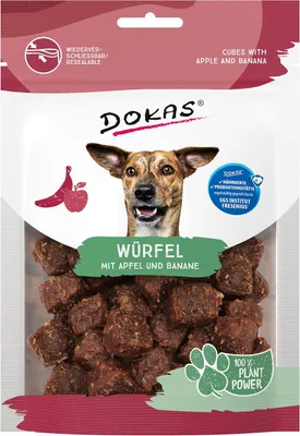Obrázek produktu pro Dokas Dog Snack kostky s jablkem a banánem 105 g