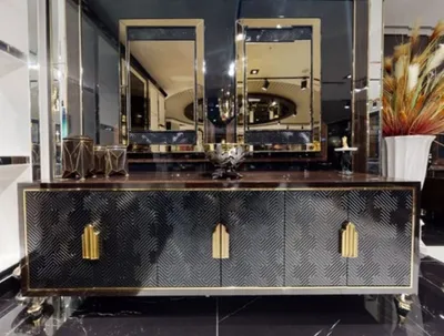 Produktbild von Casa Padrino Luxus Möbel Set Dunkelbraun / Schwarz / Gold - 1 Luxus Sideboard mit 6 Türen & 2 Luxus Wandspiegel - Luxus Möbel - Luxus Einrichtung