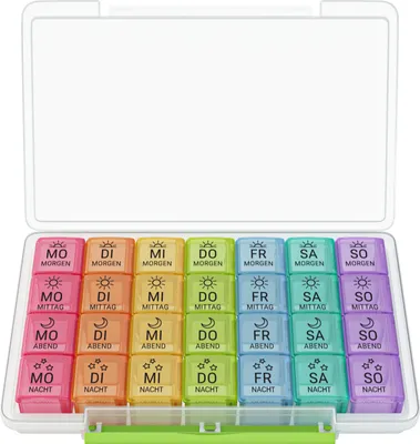 Produktbild von WELLGRO Tablettenbox für 7 Tage - Pillendose je 4 Fächer pro Tag - Klappdeckel mit Druckverschluss - Aufbewahrungsbox - BPA-freier Kunststoff