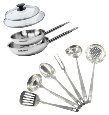 Obrázek produktu pro Sada 2 pánví 20 a 24 cm z nerezové oceli, 2 skleněné poklice a 6 nerezových kuchyňských nástrojů Fackelmann Eterna