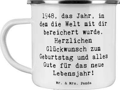 Produktbild von Mr. & Mrs. Panda Emaille Tasse Spruch 1948 Geburtstag - Weiß - Geschenk, Kaffeepott, Jubiläum, besondere Botschaft, Weltereignisse, Alter, Teetasse, Geburtsjahr, Pott