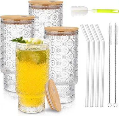 Produktbild von Famanu Gläser mit Deckel und Strohhalm - Set von 4, 473 ml, Retro-Design mit Blumenmuster