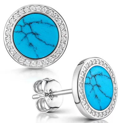Produktbild von MATERIA Türkis Ohrstecker rund blau Damen - Naturstein Edelstein Ohrringe 925 Silber mit Zirkonia Steinen SO-394-Türkis