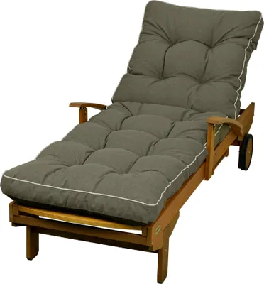 A grey cushioned wooden chaise lounge on a white background.