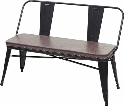 A black metal bench with a brown faux leather seat and backrests, shown against a white background.