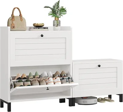 Imagen del producto de Armario para zapatos con banco integrado, zapatero con 3 puertas, color blanco, material: madera