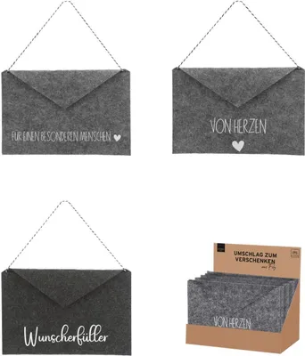 Produktbild von 6 Stück Briefumschlag aus Filz Geschenktasche grau Von Herzen, Wunscherfüller, Für einen besonderen Menschen