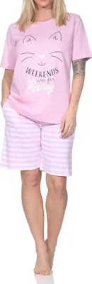 Produktbild von Normann Damen kurzarm Schlafanzug Shorty Pyjama in Katzen Optik – auch in Übergrößen ; rosa , 52