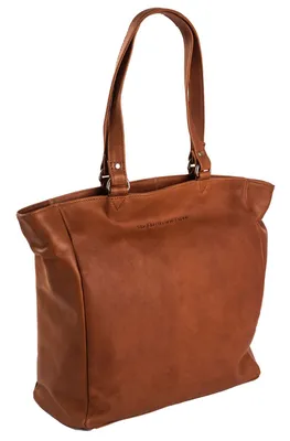 A brown leather tote bag is shown against a white background.