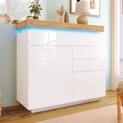 Obrázok produktu pre Komoda/Servantka, biela, s LED osvetlením, 2 dvierka, 3 zásuvky, 115x110x39 cm