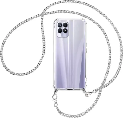 Produktbild von Handykette Backcover-Schutzhülle mit Band (Metall silberfarben) für Realme 8i - silberfarbene Kette