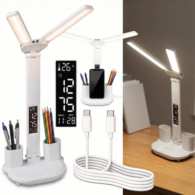 Produktbild von LUMILED Dual Arm LED Schreibtischlampe Dimmbar 3 Lichtfarben Display mit Uhr Datum Temperatur USB-C Handyhalter Stiftehalter Weiß Tischlampe Leselampe