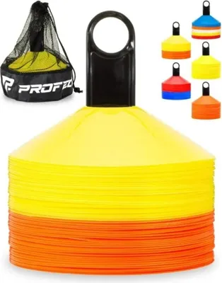 Obrázek produktu pro Sada 50 fotbalových kuželů s taškou a držákem pro trénink, fotbal, děti, sport, značení hřiště