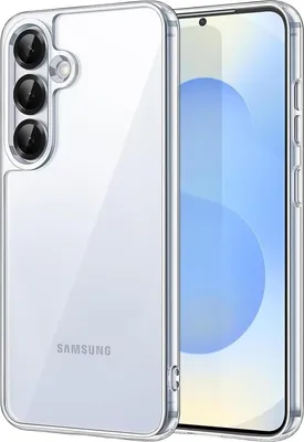 A clear protective case for a Samsung smartphone is shown from the back and side.